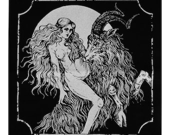 Screen printed backpatch "Witch riding to Sabbath", silver ink on black canvas