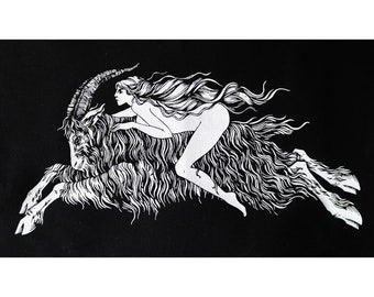 Screen Printed Patch "Hexenritt" - "Witches' Flight" illustration printed with white ink on black canvas