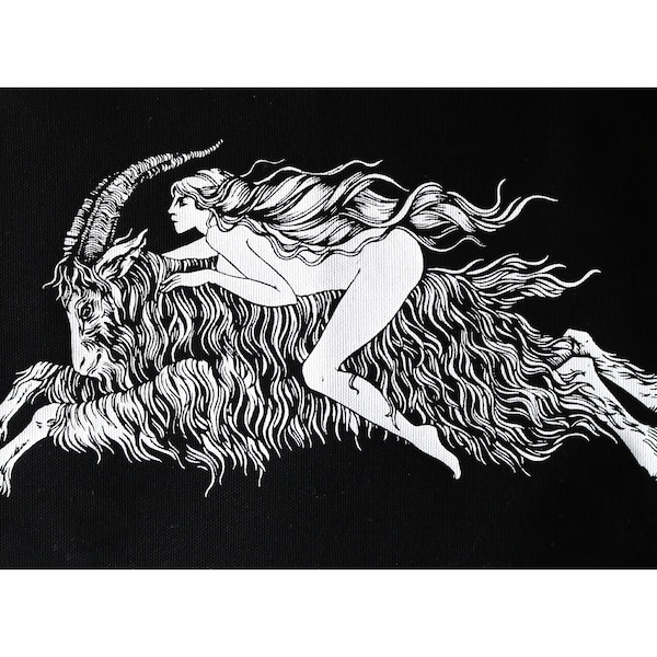 Screen Printed Patch "Hexenritt" - "Witches' Flight" illustration printed with white ink on black canvas