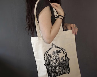 LET IT GROW - Screen Printed Tote Bag - black ink on cream colored organic cotton bag