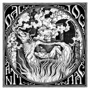 May include: Black and white illustration of a bull with a person inside its body, surrounded by flames and smoke. The image is framed with a black border and the words "DAG JOV ANIT ODA" are written around the border.
