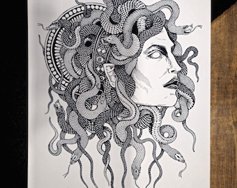 Art Print "Head of Medusa II", Din A4 - illustration in black and white