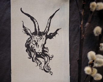 GOAT - gezeefdrukte patch met zwarte inkt op crèmewit canvas - ca. 16 x 10,5 cm.