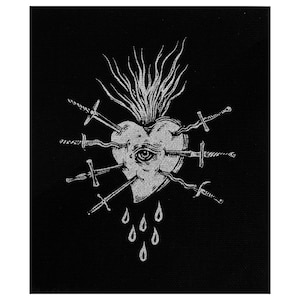 May include: A black and white illustration of a heart pierced by seven swords. The heart has an eye in the centre and is surrounded by flames. Blood drips from the heart.