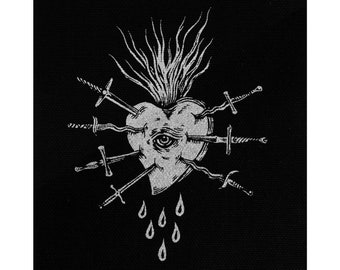 Seven Sorrows - screen printed patch with silver ink on black canvas