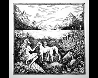 Peut inclure: Illustration en noir et blanc d'une femme aux cheveux longs caressant deux chiens dans un paysage montagneux. La femme porte une robe simple et les chiens sont debout sur une colline herbeuse.