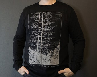 Longleeve "Bergeinsamkeit" - grey screenprint on black fairtrade organic cotton - sizes XS though XXL