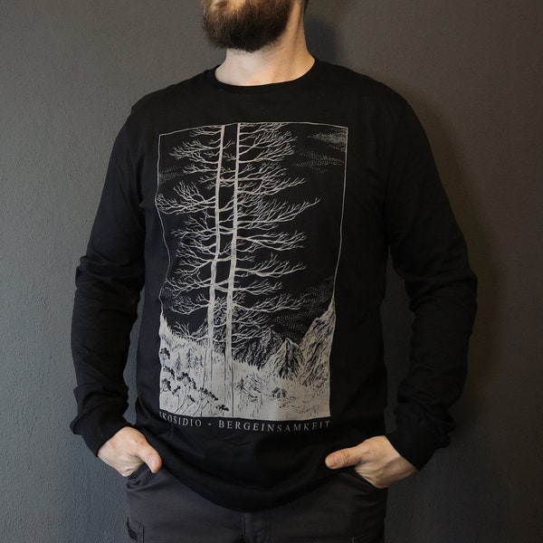 Longleeve "Bergeinsamkeit" - grey screenprint on black fairtrade organic cotton - sizes XS though XXL