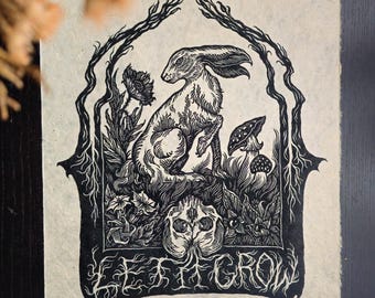 Lino print - "Let it Grow" - black ink on beige Lokta paper, 33 x 45 cm