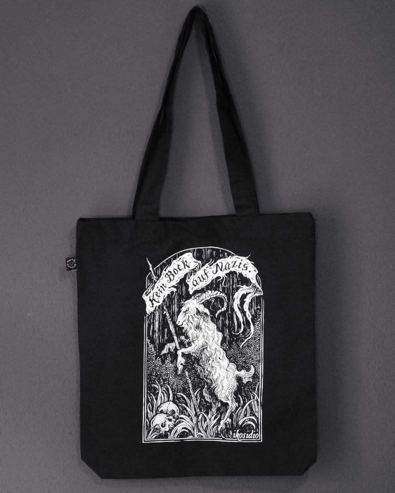 Kein Bock auf Nazis Screen Printed Tote Bag white print on black organic cotton bag image 1