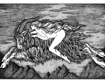 Fine Art Print "Hexenritt" - "Witches' Flight" illustration in black and white.