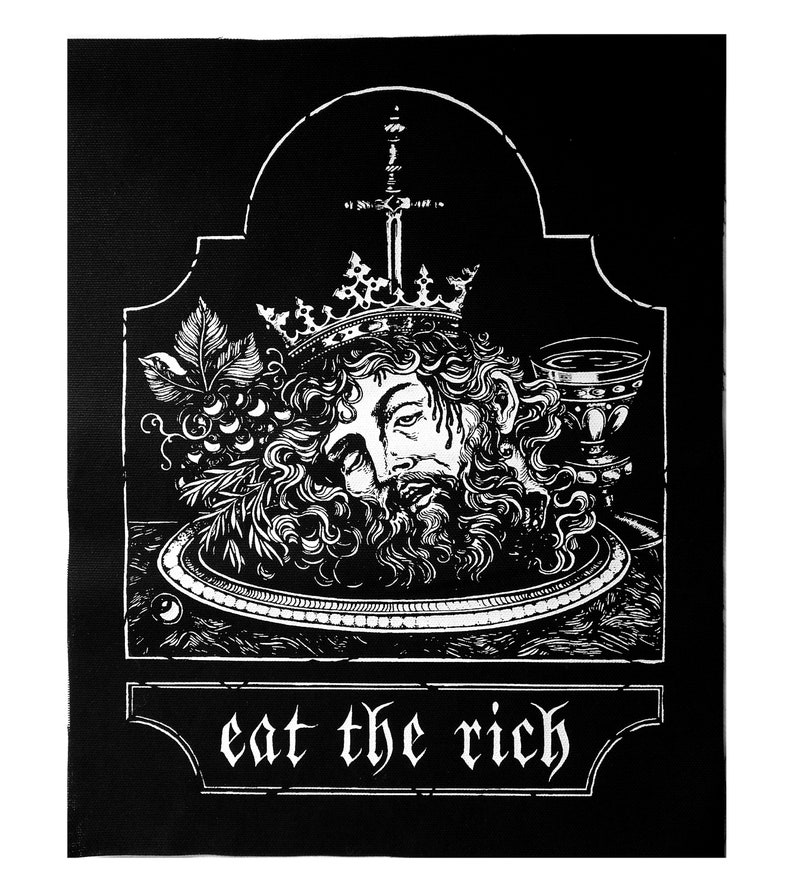 Puede incluir: Una ilustraci&oacute;n en blanco y negro de una cabeza de rey en un plato con una corona, uvas y una copa. El texto "eat the rich" est&aacute; debajo del plato.