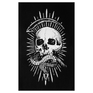 May include: A black and white illustration of a skull with a snake wrapped around it. The skull is surrounded by a radiating pattern of lines.