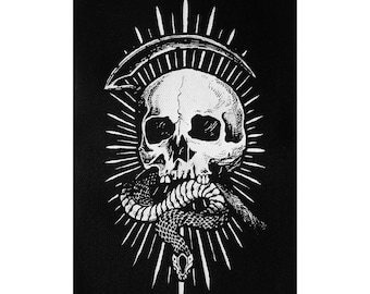 Death - screen printed patch - white ink on black canvas