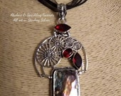 Steampunk Pendant,Abalone and Garnet set in Sterling Silver,Shell Pendant,Beach Wedding, Boho,Victorian Mermaids,Pastel Goth,Spiritual Trove
