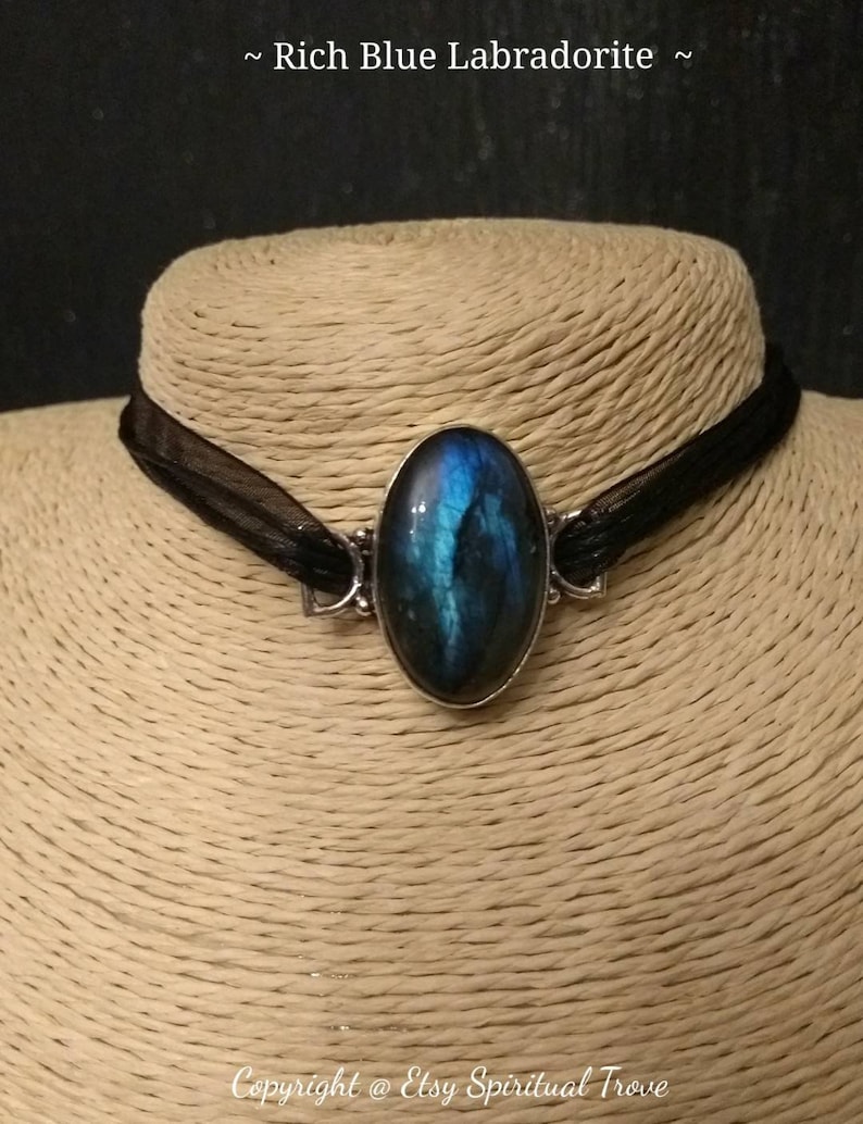 Blue Labradorite Choker Gothic Fashion,Wicca,Boho,Witchy,Celtic,Spiritual Trove, Black Ribbon Choker,Victorian Chokers,Vegan Chokers