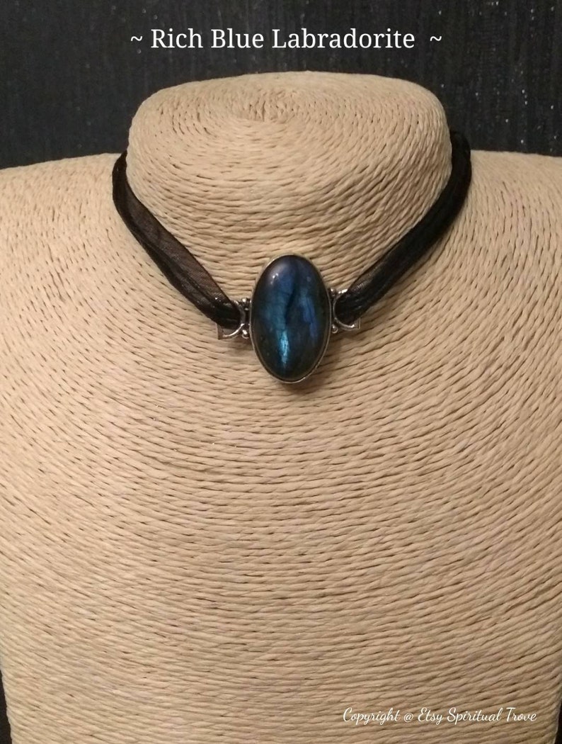 Blue Labradorite Choker Gothic Fashion,Wicca,Boho,Witchy,Celtic,Spiritual Trove, Black Ribbon Choker,Victorian Chokers,Vegan Chokers