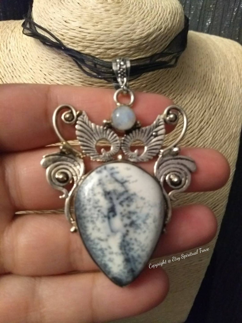 Angelic Realm,Monochrome Owl,Owl Pendants,Barn Owl,Dendrite Opal,Spiritual Necklaces,Free Spirit,Gothic Owl,Chakra Spiritual Trove