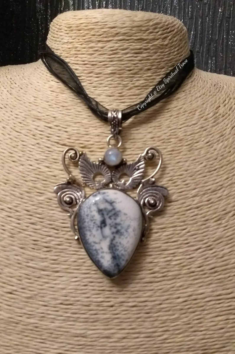 Angelic Realm,Monochrome Owl,Owl Pendants,Barn Owl,Dendrite Opal,Spiritual Necklaces,Free Spirit,Gothic Owl,Chakra Spiritual Trove