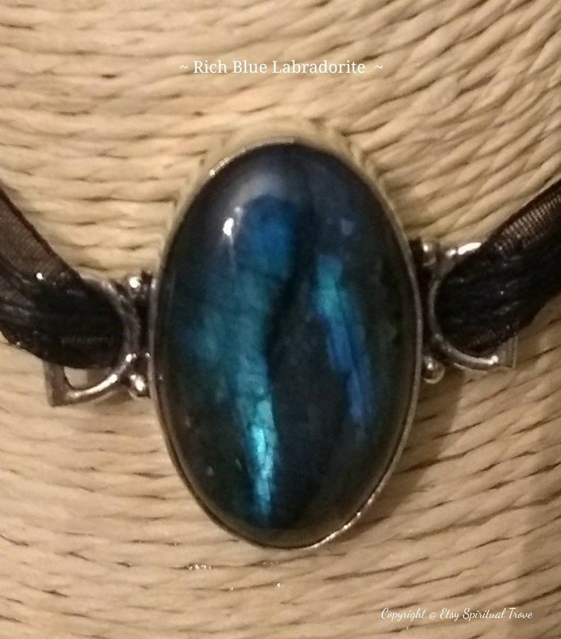 Blue Labradorite Choker Gothic Fashion,Wicca,Boho,Witchy,Celtic,Spiritual Trove, Black Ribbon Choker,Victorian Chokers,Vegan Chokers
