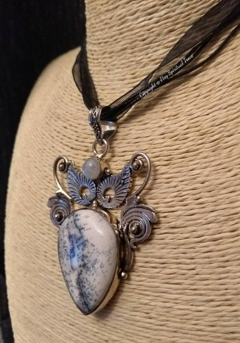 Angelic Realm,Monochrome Owl,Owl Pendants,Barn Owl,Dendrite Opal,Spiritual Necklaces,Free Spirit,Gothic Owl,Chakra Spiritual Trove