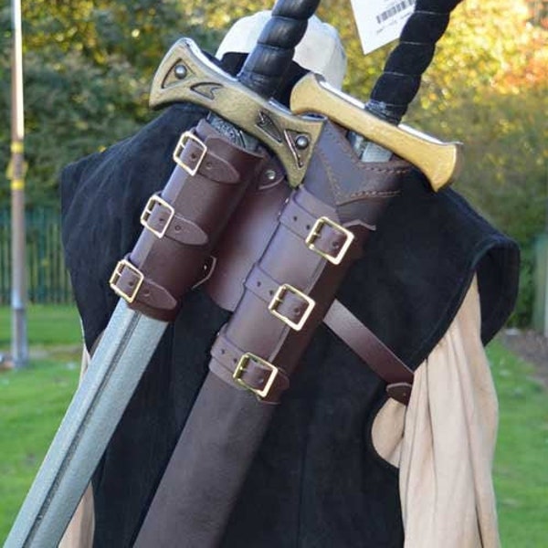 Wolf Double Back Scabbard - Brown Leather - LARP and Cosplay, Kaer Morhen Inspired