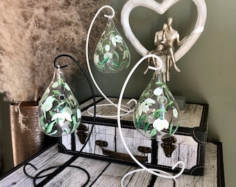 Tea Light Teardrop Holder & Stand - Hand painted Snowdrops- Gifts for her, home decor, floral homeware