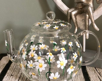 Teapot- Glass teapot- Cup and saucer-hand painted daisies-gifts for her,unique gifts,home decor,Tea Lovers,mothers day gift,country kitchen