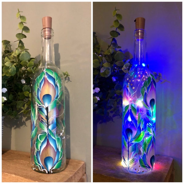 Bottle Light-Peacock Feathers-Glassware,unique gift,Christmas Gift,Birthday Gift,Mother’s Day,gifts for her,home decor,Peacock gift