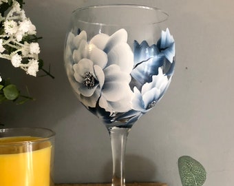 Gin Glass,Wine,Tumbler,Hi-ball glass,Coffee/Tea Mug-Hand Painted,Hand Painted Silver Blue Rose, Glassware gifts for her-Christmas gifts