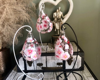 Tea Light Teardrop Holder & Stand -hand painted-Pink Cherry Blossom-Gifts for her/home decor/floral decor/gifts/Christmas/Mother’s Day