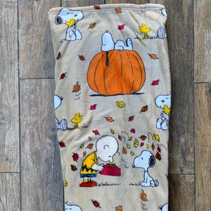May include: A beige fleece blanket featuring a repeating pattern of Snoopy, Woodstock, and Charlie Brown. The design includes Snoopy resting on a large orange pumpkin, Charlie Brown feeding Snoopy, and scattered autumn leaves in shades of red, orange, and yellow.