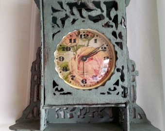 Russian Alarm Clock in Carved Wood Box, Chalk Painted