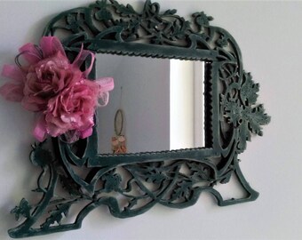 Vintage mirror, vintage frame, framed mirror, wood carved mirror, wood carved frame, green framed mirror, antique mirror, green boho mirror