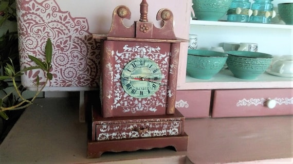 Vintage Boho Clock with Drawer, Hand Painted Decor