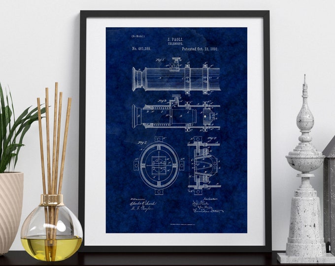 VINTAGE PRINT TELESCOPE Patent Art| 3 Size Set |Telescope Patent Print | White and Blue |Digital Download | Office Art| Den | Wall Hanging