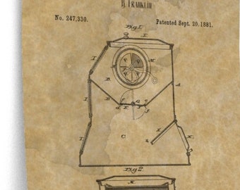 B FRANKLIN PATENT - Kitchen Patent Print, Vintage Wall Art, Benjamin Franklin, Historical Art
