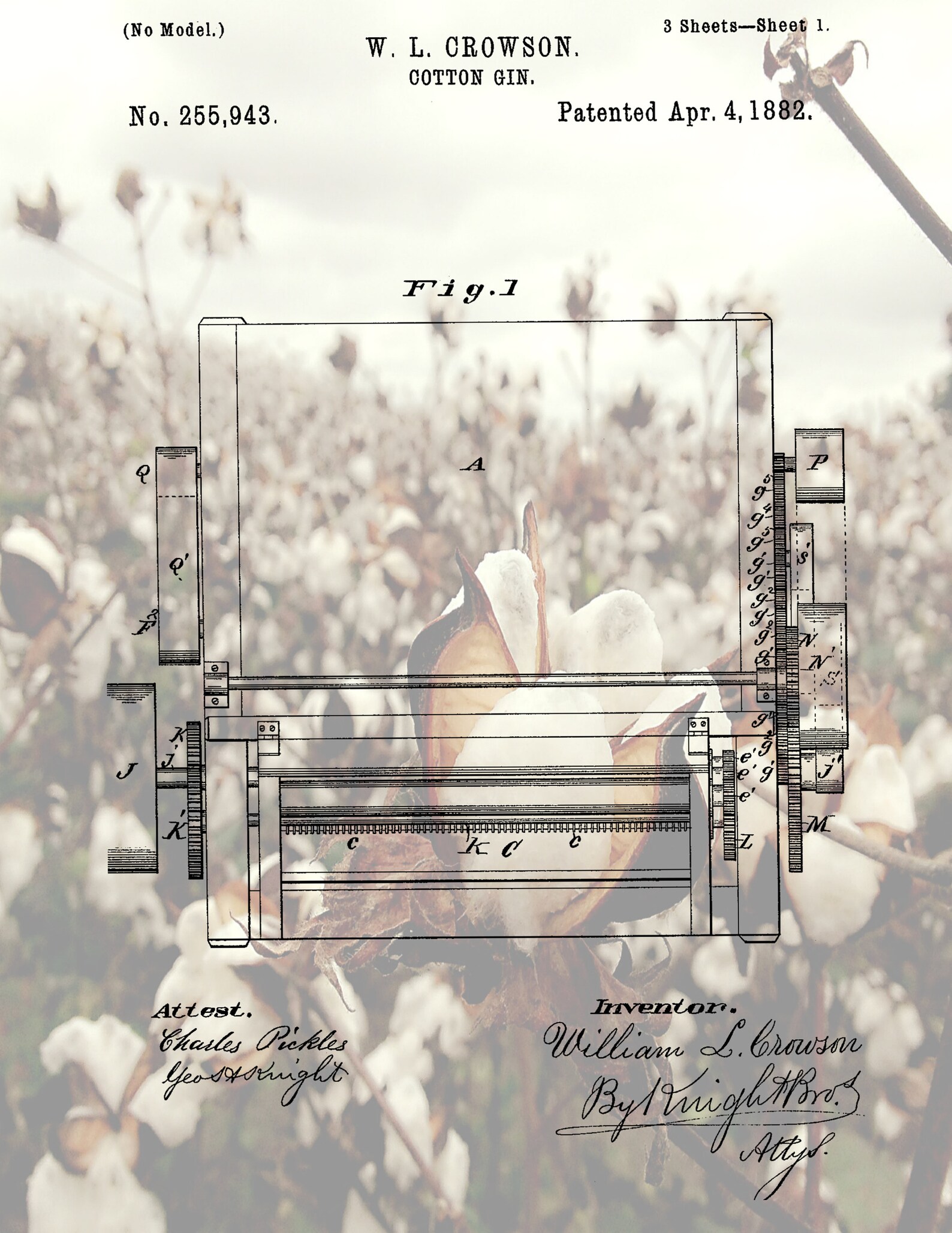Antique COTTON GIN PATENT Print Cotton Field Print Patent Etsy