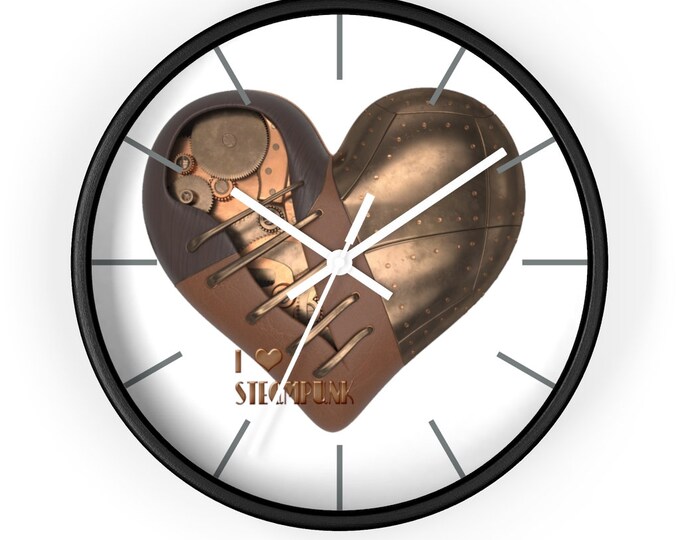 STEAMPUNK WALL CLOCK With Mechanical Heart, Steampunk Decor, I Heart Steampunk logo, Romantic Clock