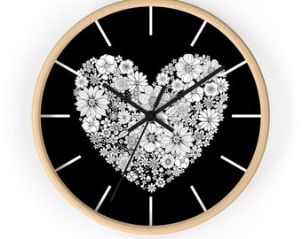 ROMANTIC VALENTINES CLOCK - Heart Clock, Flower Clock, Black and White Clock, Valentines Gift For Him or For Her