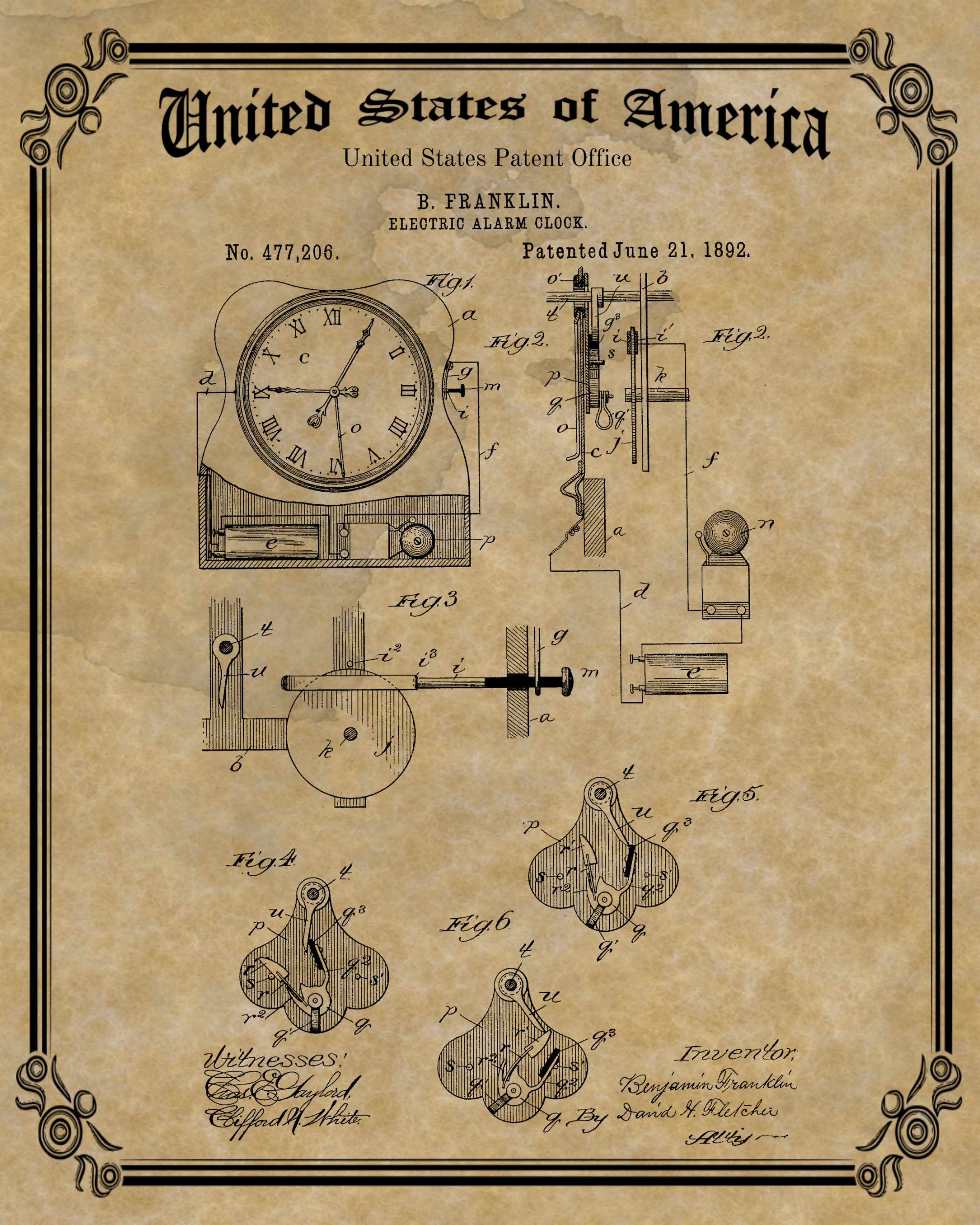 ANTIQUE ALARM CLOCK Patent Print Patented by Benjamin Etsy