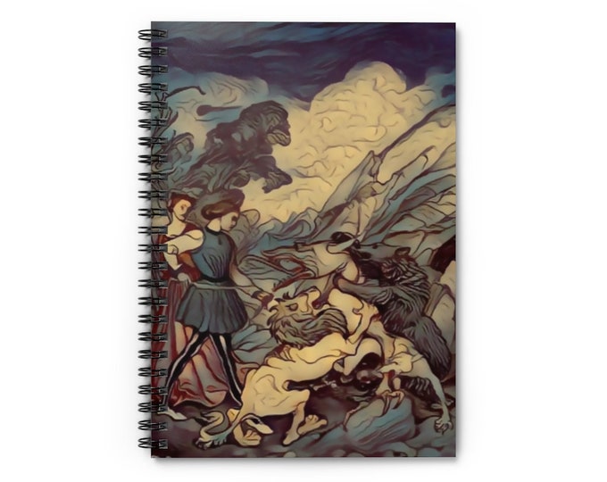 Spiral Notebook Journal Author Rackham Stylized Print Of Lions Fighting Dragon