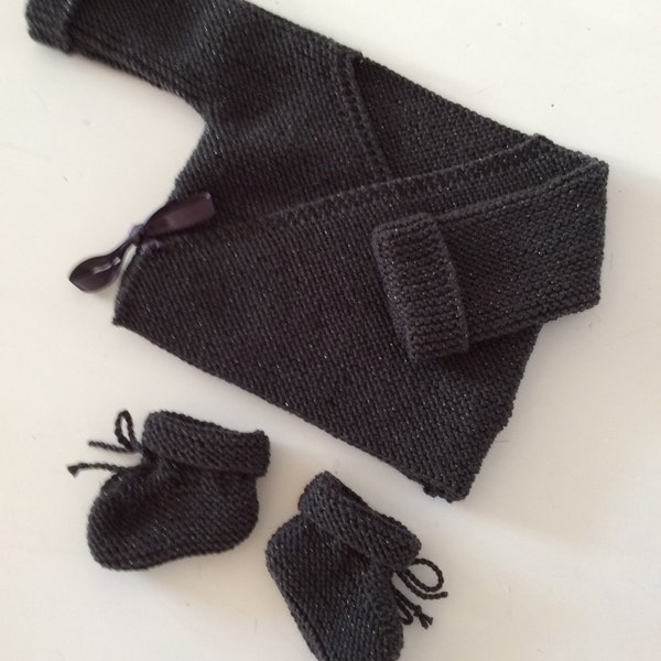 Ensemble bébé, cache-coeur et chaussons, ensemble chic, brassière, gilet bébé laine (Mérinos), fil argenté, tricoté à la main