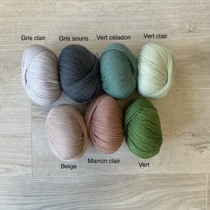May include: Seven balls of yarn in various colors, including beige, light gray, dark gray, light green, dark green, light brown, and white. The yarn balls are arranged in a circle on a wooden surface. The colors are labeled in French.