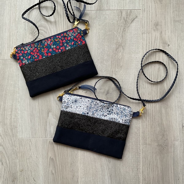 Pochette à bandoulière en Liberty, tissu pailleté et coton, petit sac, sacoche, besace, sac en tissus