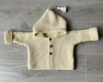 Veste à capuche, taille 3 mois, écru, veste bébé, 100% coton, gilet bébé, manteau à capuche, tricoté à la main, burnous fait main