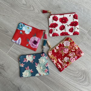 Mini pochette en coton imprimé fleuri, porte monnaie femme, porte-cartes, tissu imprimé fleuri, trousse plate, pochette, tissu