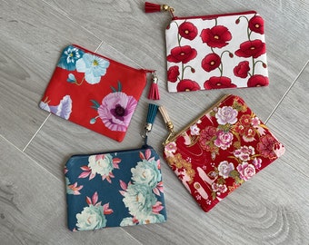Mini floral print cotton pouch, women's coin purse, card holder, floral print fabric, flat pouch, clutch, ready to ship.