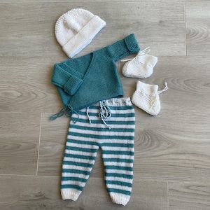 Baby set, newborn outfit, vest, pants, booties, baby hat, in pure wool (100% Merino), hand-knitted
