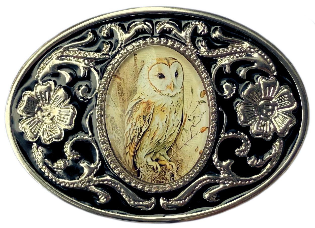 Boucle de ceinture en cuir : motif montagnes et oiseaux - teint à la main, fabriqué aux États-Unis - France